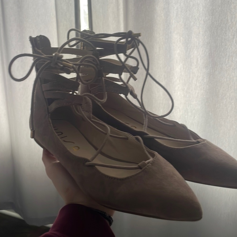 Tan lace up ankle flats - 7